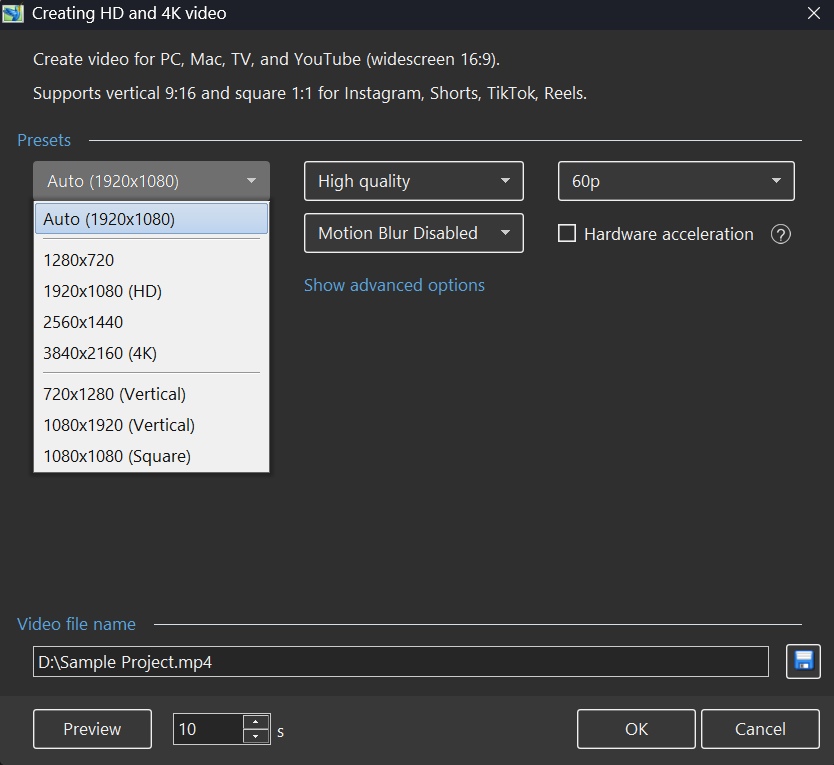 Export video settings.